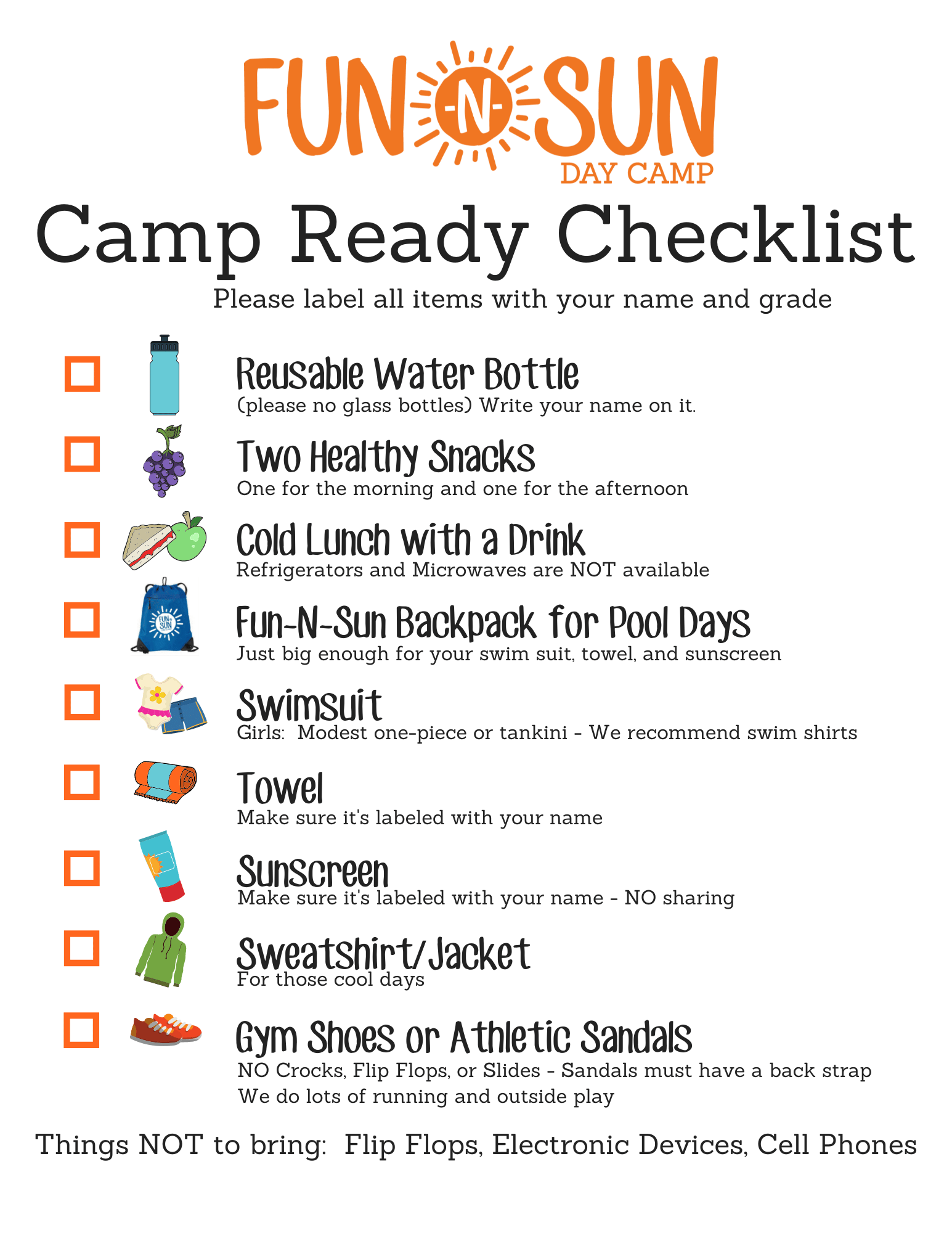 Fun-N-Sun Camp Ready Checklist